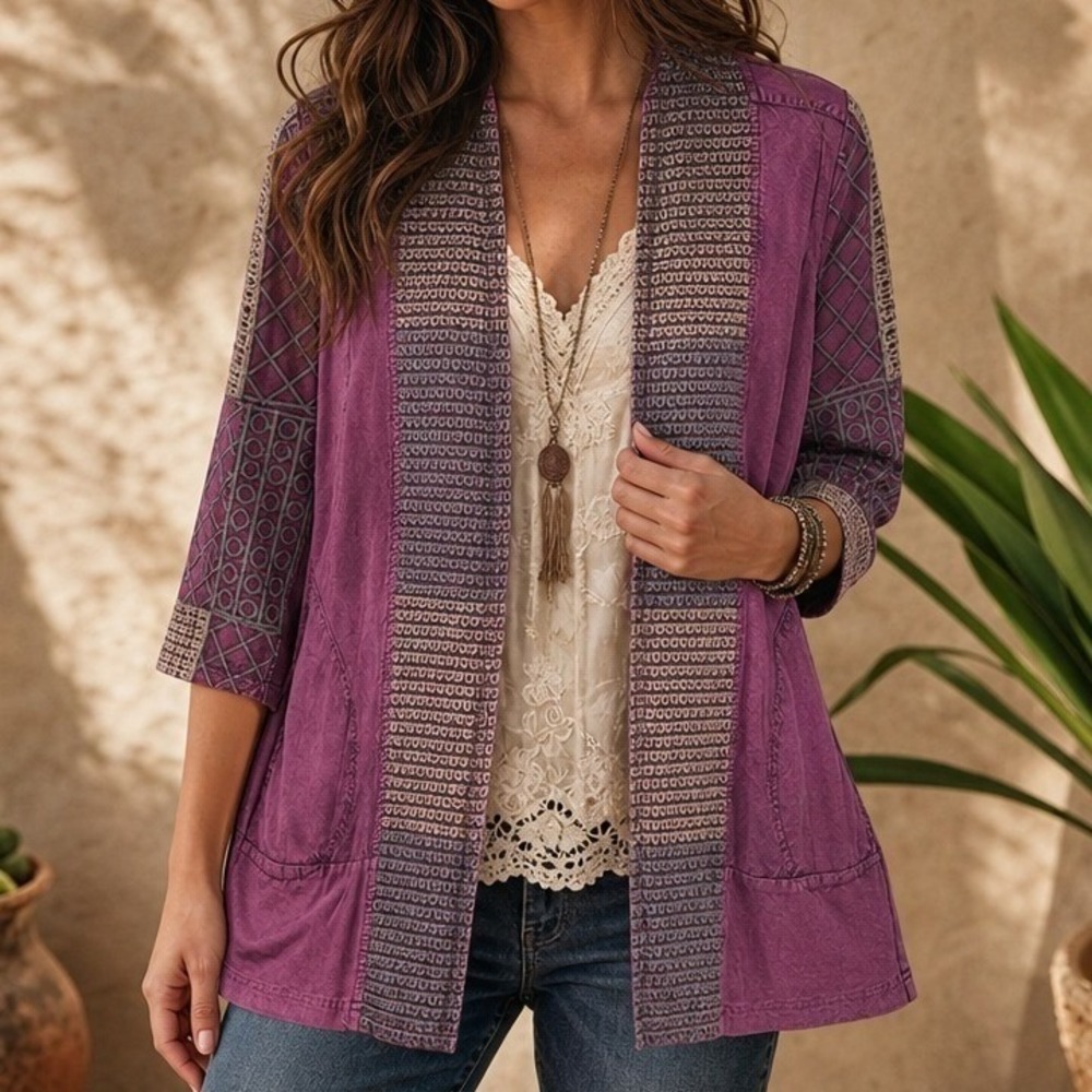 Parsley & Sage Womens Medium Plum Purple Embroidered Open Front Cardigan Boho